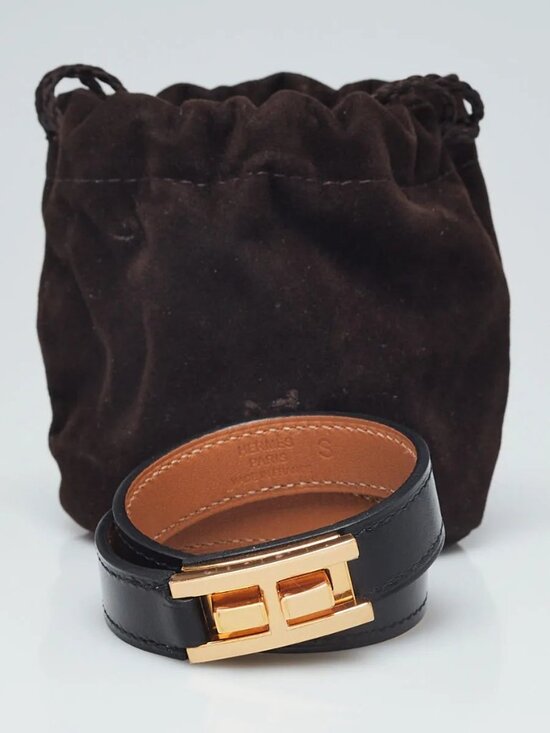 Hermes Accessories - Hermes Black Box Leather Gold Plated Drag Double Tour Bracelet Size T2